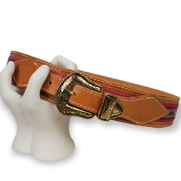 Vintage Aztec Leather Western Belt – SZ S – Boho Style-1.5" Wide - Picture 5 of 9